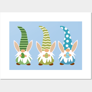 Cute Three easter gnomes with bunny ears holding eggs Posters and Art